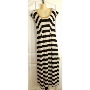 UNIQLO Black White Striped Maxi Dress XS Stretchy Modal Blend Side Pockets